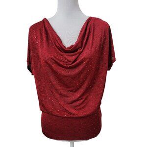 heartsoul Size XL Marled Red Sequin Cowl/Drape Neck Top with Banded Hem